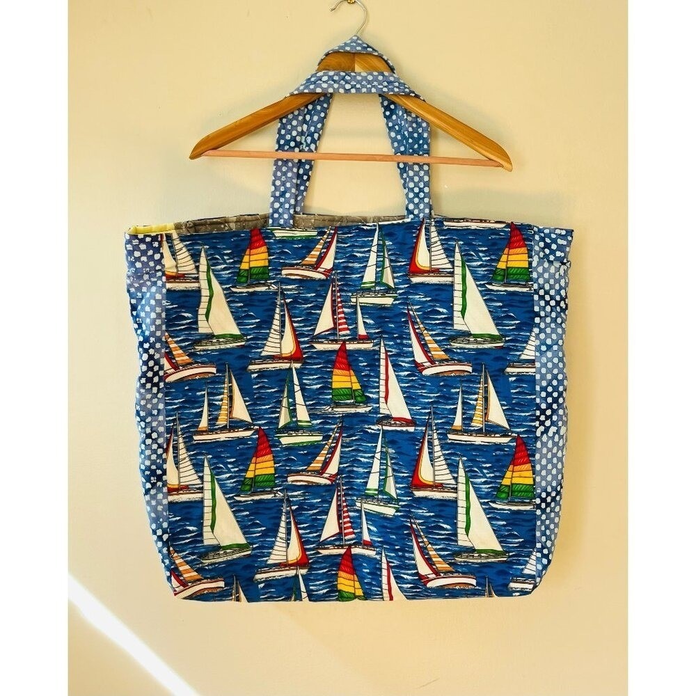 Handmade Tote Eco Friendly Reusable Colorful Sailboat Grocery Beach Bag Large
